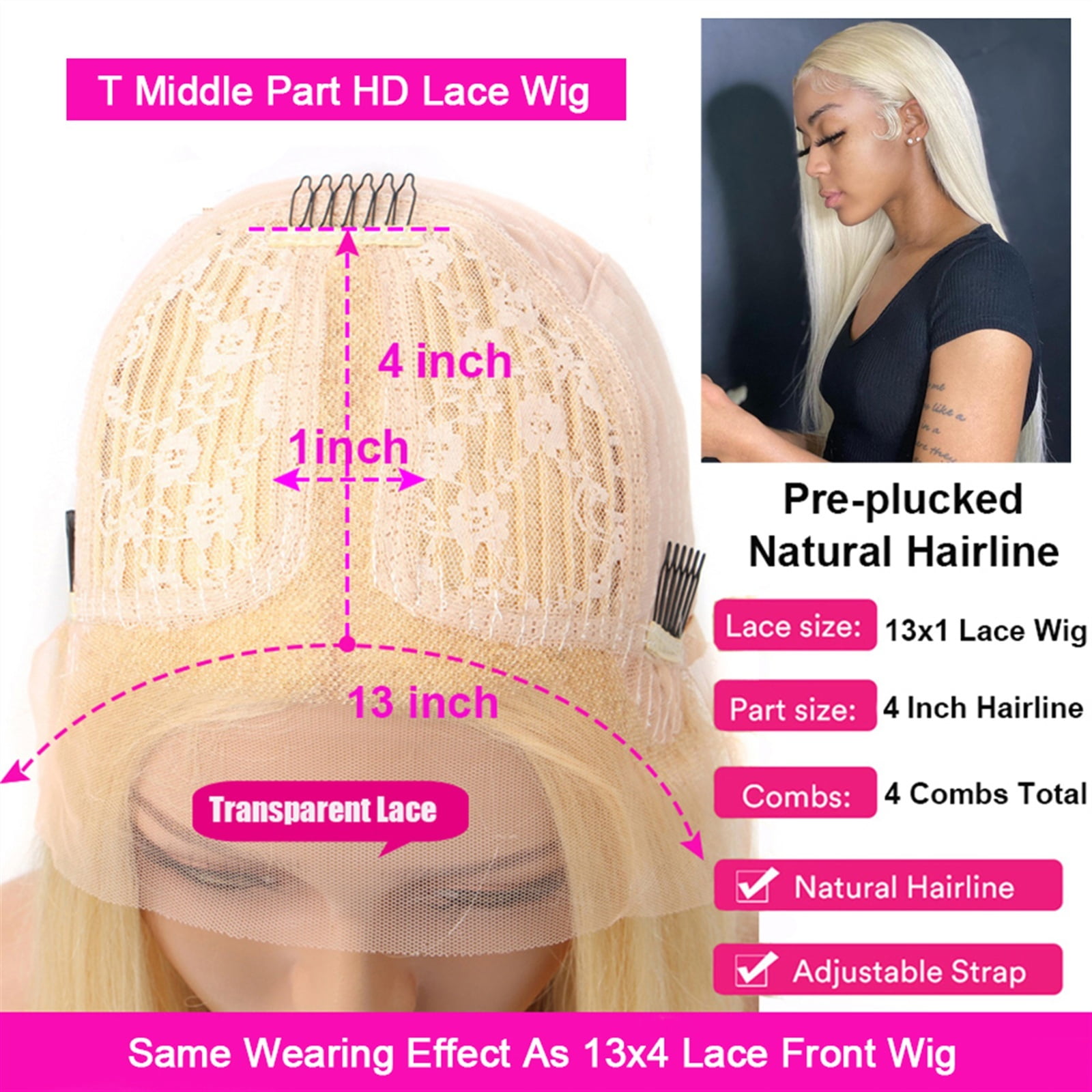 T Part Lace Frontal 613 Blonde Wig Virgin Human Hair Pre Plucked 10-34Inch Silky Straight 13x1x4 Lace Front with Baby Hair Middle Part 150% Density