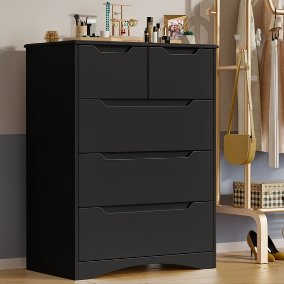 Dresser for Bedroom, 5 Drawer Dresser, Chest of Drawers with Large Storage Capacity, Cutout Handles, Deep Drawers, Smooth Metal Rail, Black