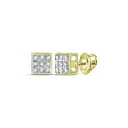 DIAMOND DEAL 10kt Yellow Gold Mens Round Diamond Square Cluster Stud Earrings 1/20 Cttw