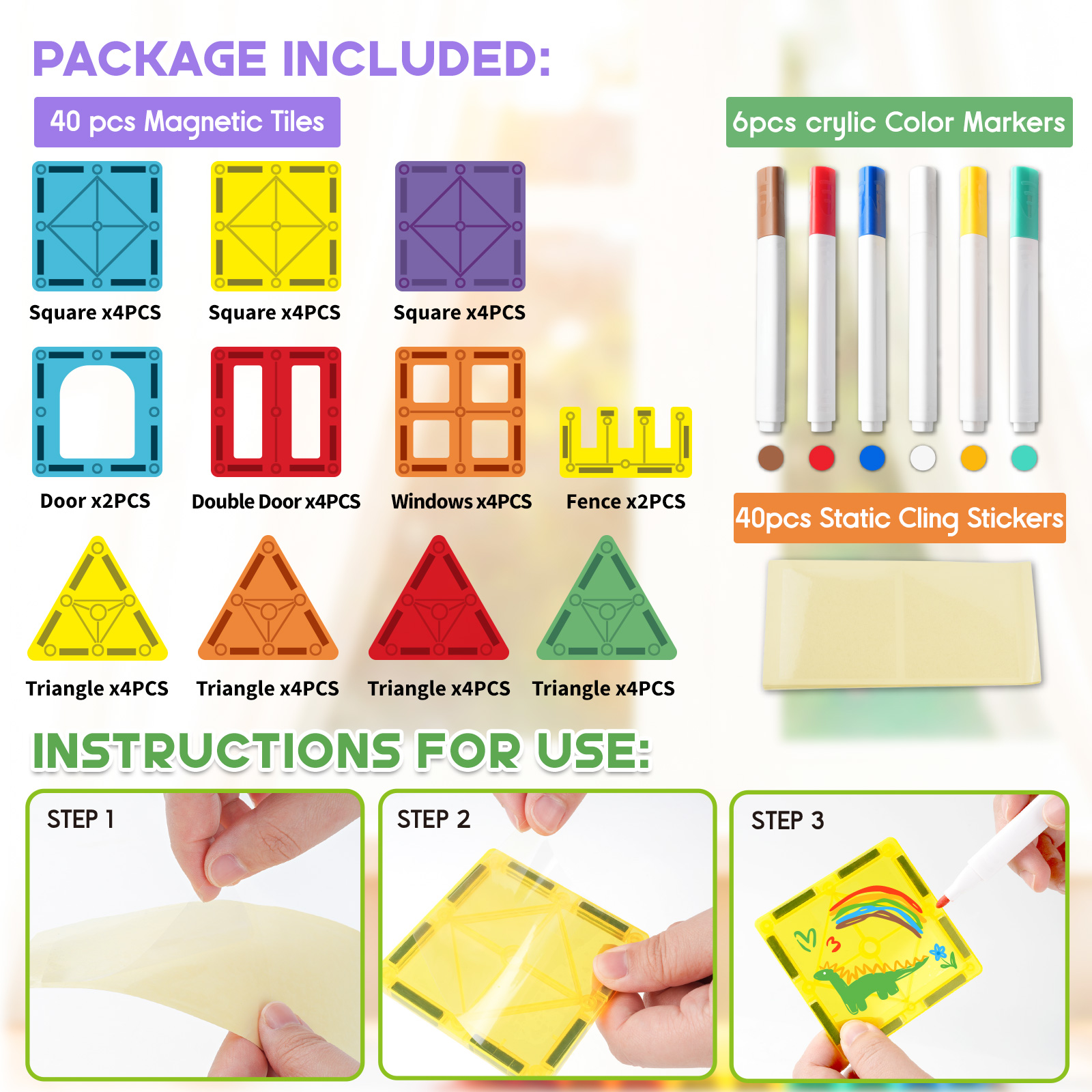 BMAG Magnetic Tiles Set with Markers and Stickers, 40 Pieces photo 2