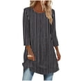 thumbnail image 2 of Delliss Women's Striped Print 3/4 Sleeve Crew Neck Curved Hem Long Top Black XL, 2 of 6