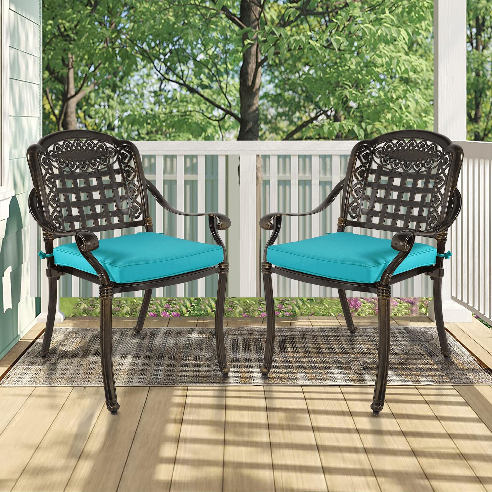 MEETWARM 2 Piece Patio Dining Chairs with Cushions, Outdoor All-Weather Cast Aluminum Chairs, Patio Bistro Dining Chair Set, Ocean Blue