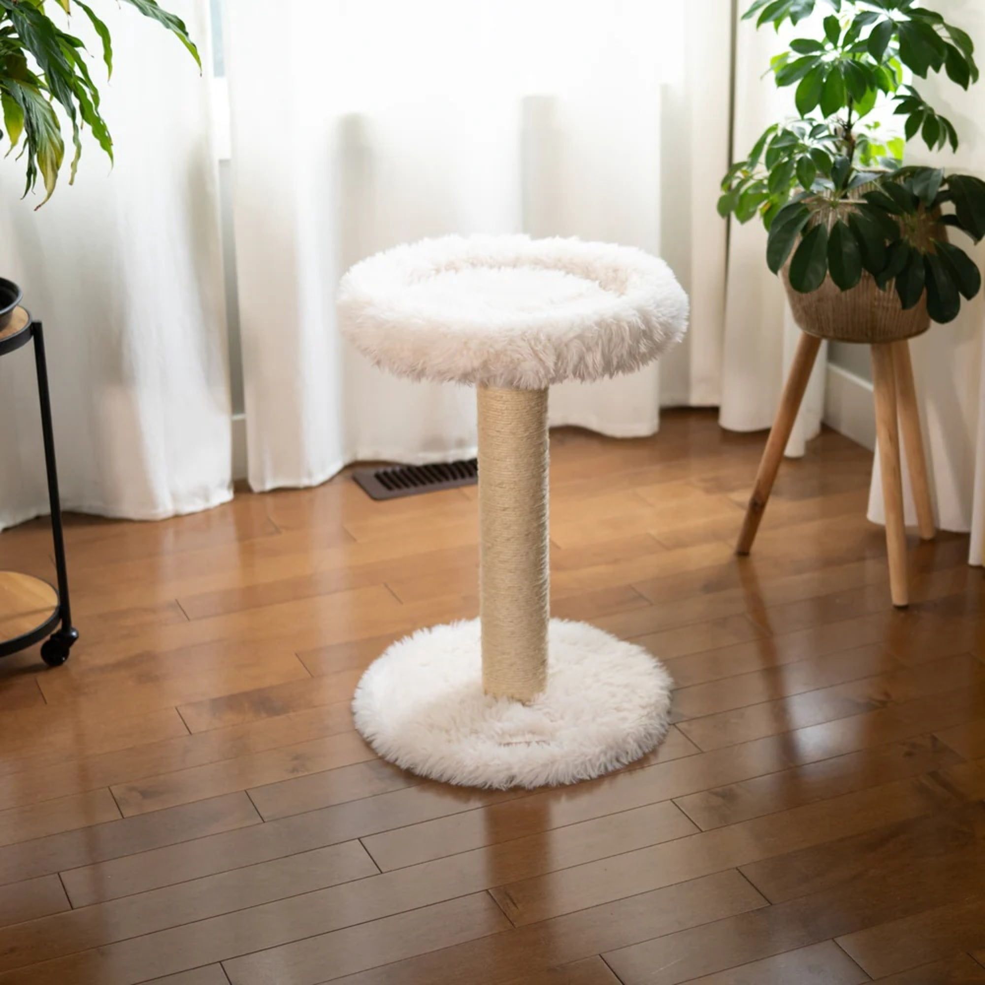 Noba: Classic Cat Tree - Antique White - 1-Level Round Perch, Cozy Faux Fur, Scratchable Rope Post, Climb-Play-Sleep, Animal Pet Lounge, 16 x 24"