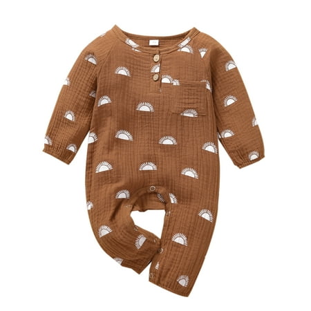 

Sunisery Newborn Baby Girls Boys Sun Printed Rompers Long Sleeve Front Pocket Lovely Jumpsuit Brown 6-12 Months