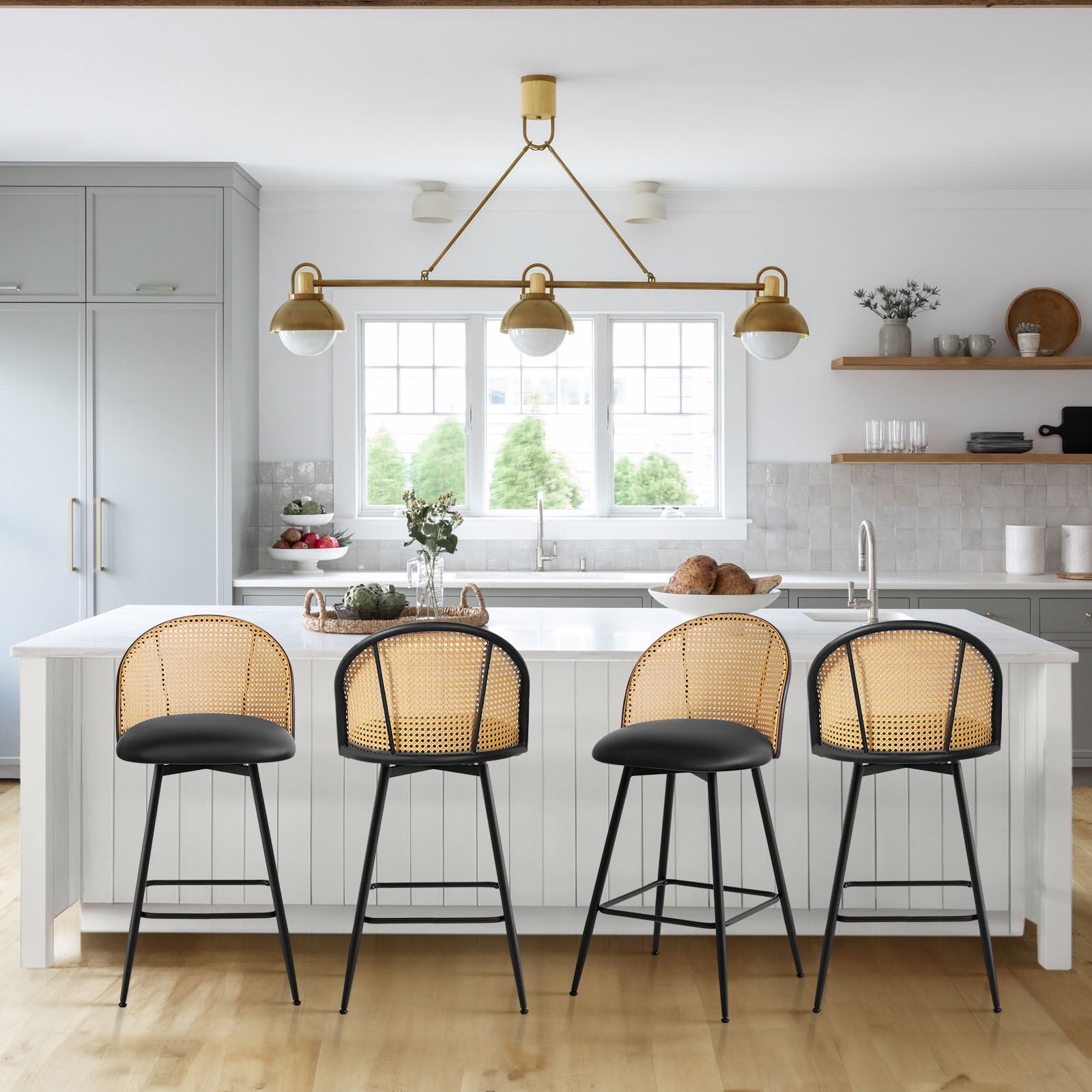 ANMINY Rattan Swivel Bar Stools, 26" Counter Height Set of 2, Upholstered Chairs Barstools with Full Back and Metal Legs Modern PU Fabric Seat for Kitchen Island