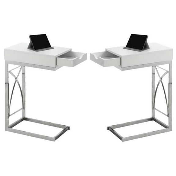 Home Square Metal End Table with Drawer in Glossy White - Set of 2