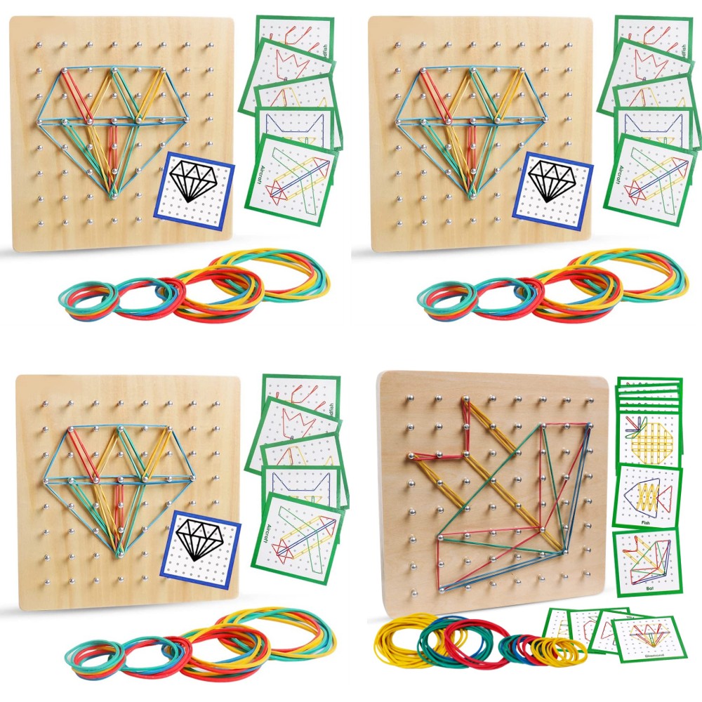 Happon Set of 4 Wooden Geoboards, Mathematical Manipulative Material