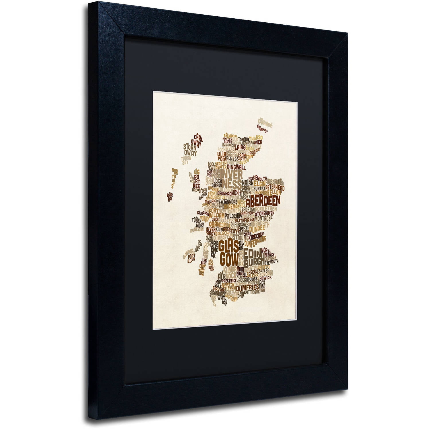 Trademark Fine Art "Scotland Typography Text Map 3" Canvas Art by Michael Tompsett, Black Matte, Black Frame