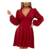 B DARLIN Womens Burgundy Stretch Pleated Textured Button Lined Long Sleeve V Neck Mini Party Fit + Flare Dress Juniors 11
