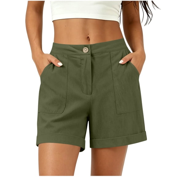 hoksml Women High Waist Linen Blend Shorts, Button Front Casual Rolled Hem Summer Shorts with Pockets