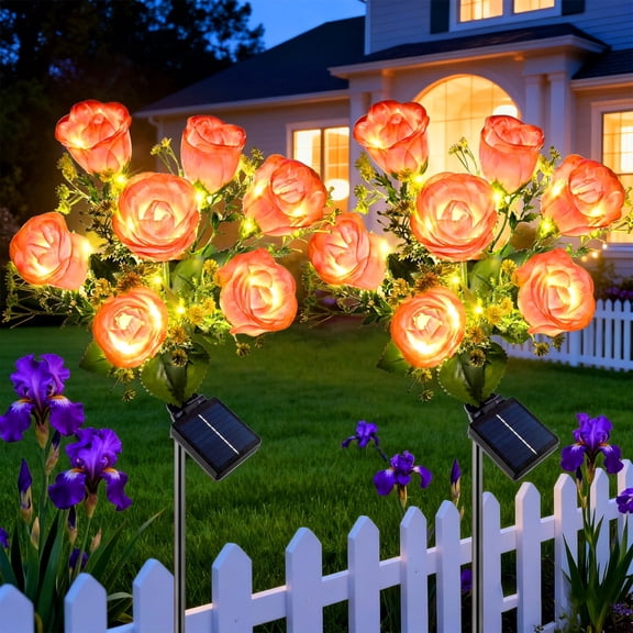 Rirool 2-Pack Pink Solar Rose Flower Garden Stake Lights, 7 Heads Outdoor Waterproof Decorative Lights with 8 Modes, Auto On/Off Warm White LED for Yard Lawn Patio Pathway Decor