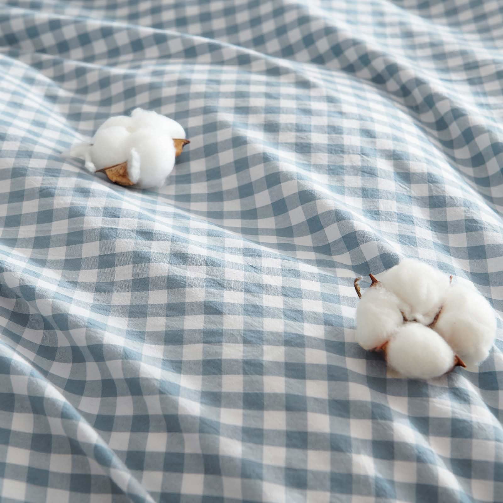 3 Pieces Blue Gingham Duvet Cover 100% Washed Cotton Plaid Checkered Full Duvet Cover Set Modern Grid Bedding Set with Zipper Closure Corner Ties