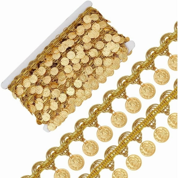 10 Yards Gold Coin Shape Sequin Tassel Trim 1.4 Inch Width Sequins Lace Tassel Fringe Trim Sequins Tassels Lace Ribbon Fringe Dance Dress Belt Chain for Clothes Decoration Party Accessories diy