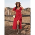 thumbnail image 3 of Rose Red Plus Size Women Tie-Wrap Ruffle Hem Maxi Dress With Puffed Sleeves Boho Western Style, 3 of 8
