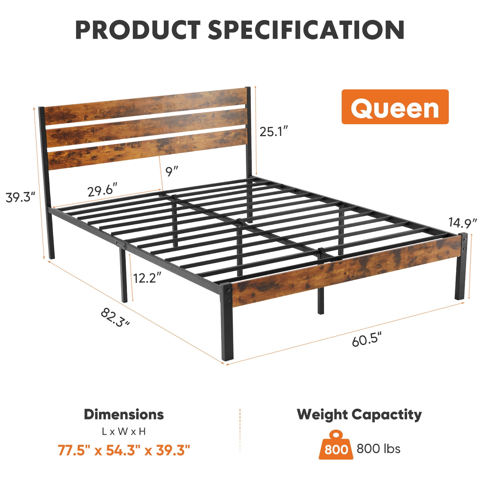 JONPONY Queen Size Metal Bed Frame with Headboard & Footboard, 800LBS Mattress Foundation, Sturdy Noise-Free Slats, No Box Spring Needed, Easy Assembly, Rust Brown
