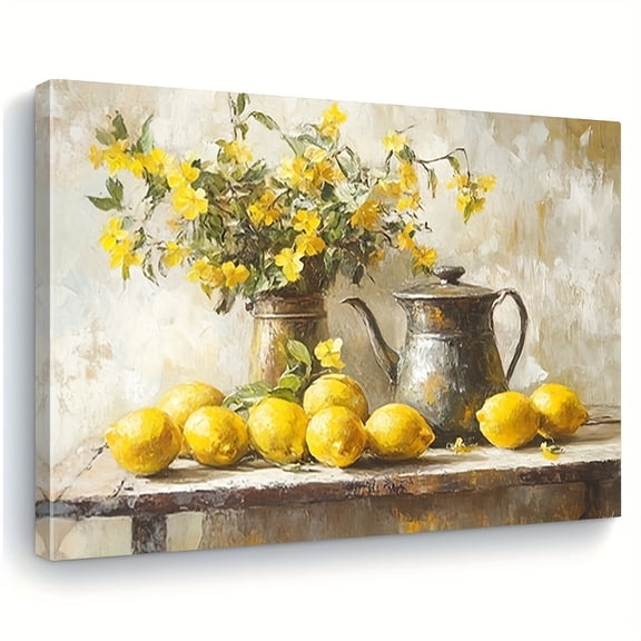 large still life lemon canvas art print, framed modern abstract wall decor, vivid yellow lemons in a metal kettle, suitable for living room, bedroom, or corridor, kitchen lemon decoration.