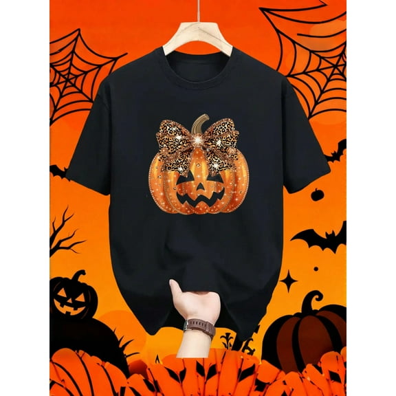 Halloween Vibes Pumpkin Wearing Bow Patterned Novelty Graphic Kid T-Shirt Casual Style With 100% Cotton Fabric,Suitable for Boys And Girls,Size From 3T-13Y,Ideal Gift for Kids