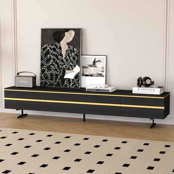 NessCarsti 86.61" Mid Century Modern TV Stand, Solid Wood TV Console, Fits 80–90 Inch TVs, Entertainment Center with Storage for Living Room & Bedroom, Black