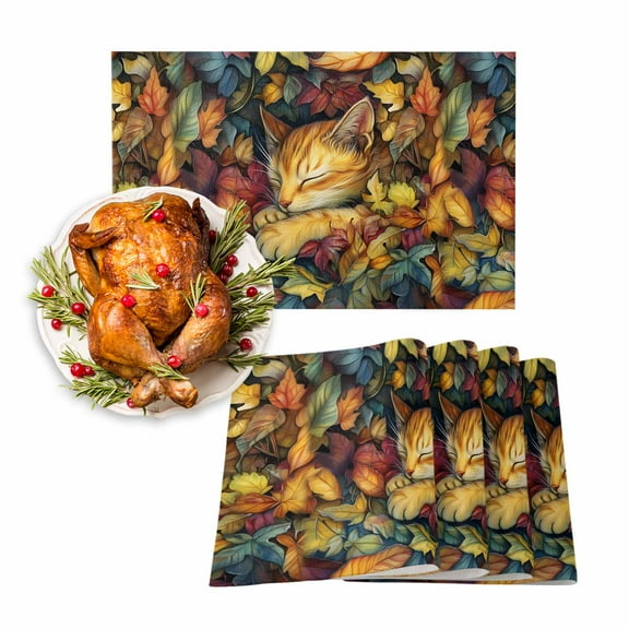 Fall Placemats Set of 4 Sleeping Cat Place Mats Thanksgiving Placemat Orange Maple Leaf Table Mats for Dining Kitchen Table Holiday Dinner Party Home Fall Decorations 13x19 Inch