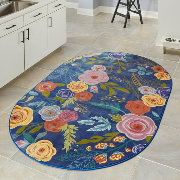 Unique Loom Blossom Collection Area Rug - Ashley (7' 10" x 10' Oval Blue/Olive)