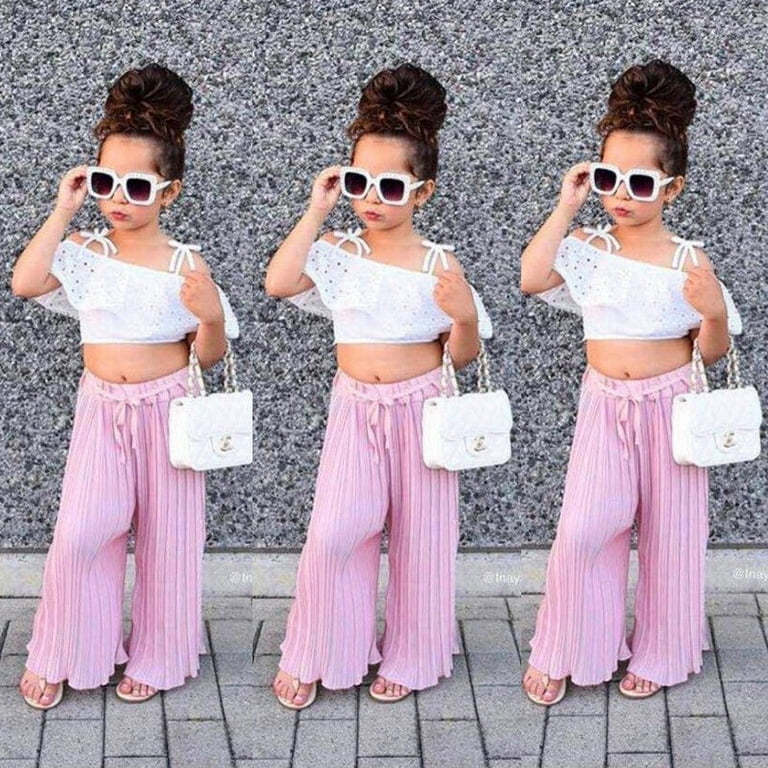 Striped Lace Kids Toddler Girl Off Shoulder Crop Top Long Pants Outfits  Clothes 