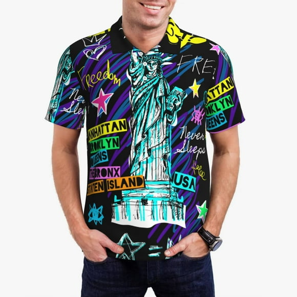 Saiise Chemise de Golf pour Hommes à Imprimé New York City, Évacuation de l'Humidité, Séchage Rapide, Performance, Polo pour hommes-TG
