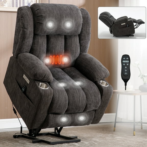 Power Lift Recliner Chair for Adults,Heavy Duty Recliner Chair with 8-Point Vibration Massage and Lumbar Heating,USB and Type-C Ports, Stainless Steel Cup Holders,Up to 350 LBS,Gray
