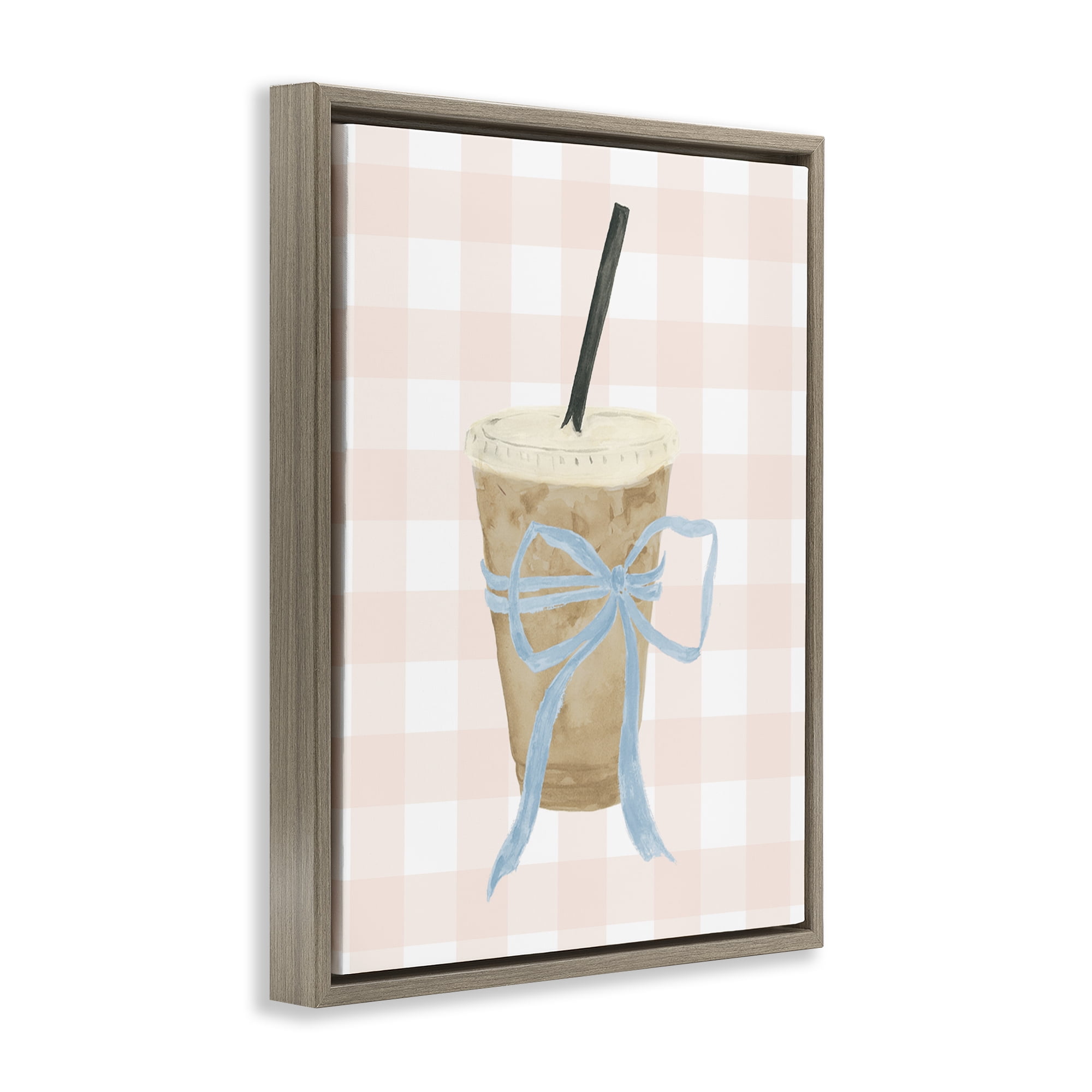 Stupell Industries Iced Coffee on Gingham Brown Framed Floater Canvas Wall Art, design by Lucille Price