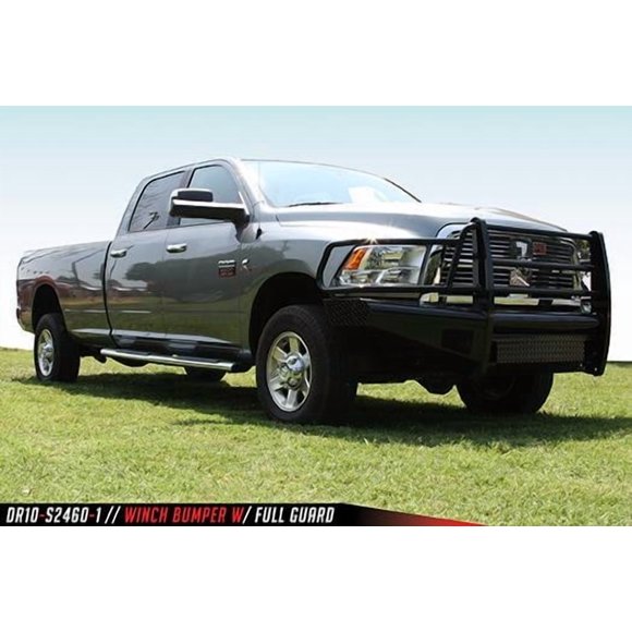 Fab Fours Bumper DR10-S2960-1 Black Steel; One Piece Design; Direct Fit; Mounting Hardware Included; With Grille Guard; Without Winch Mount; With Tow Hooks; Powder Coated Gloss Black Steel