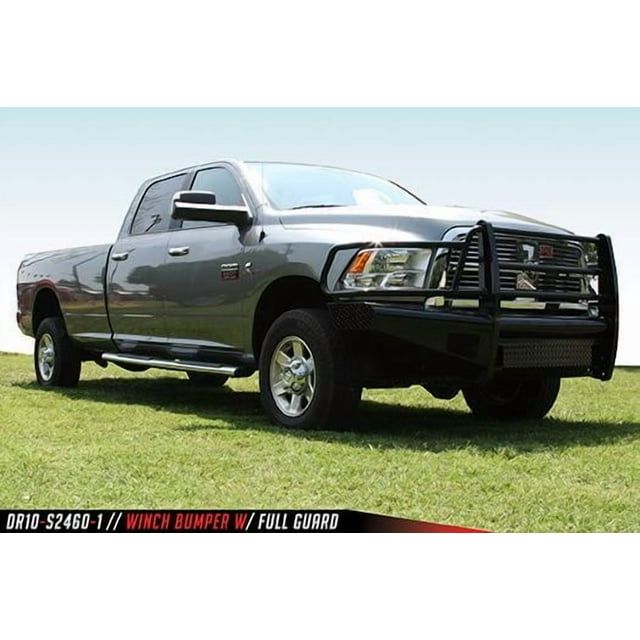 Fab Fours Bumper DR10-S2960-1 Black Steel; One Piece Design; Direct Fit; Mounting Hardware Included; With Grille Guard; Without Winch Mount; With Tow Hooks; Powder Coated Gloss Black Steel