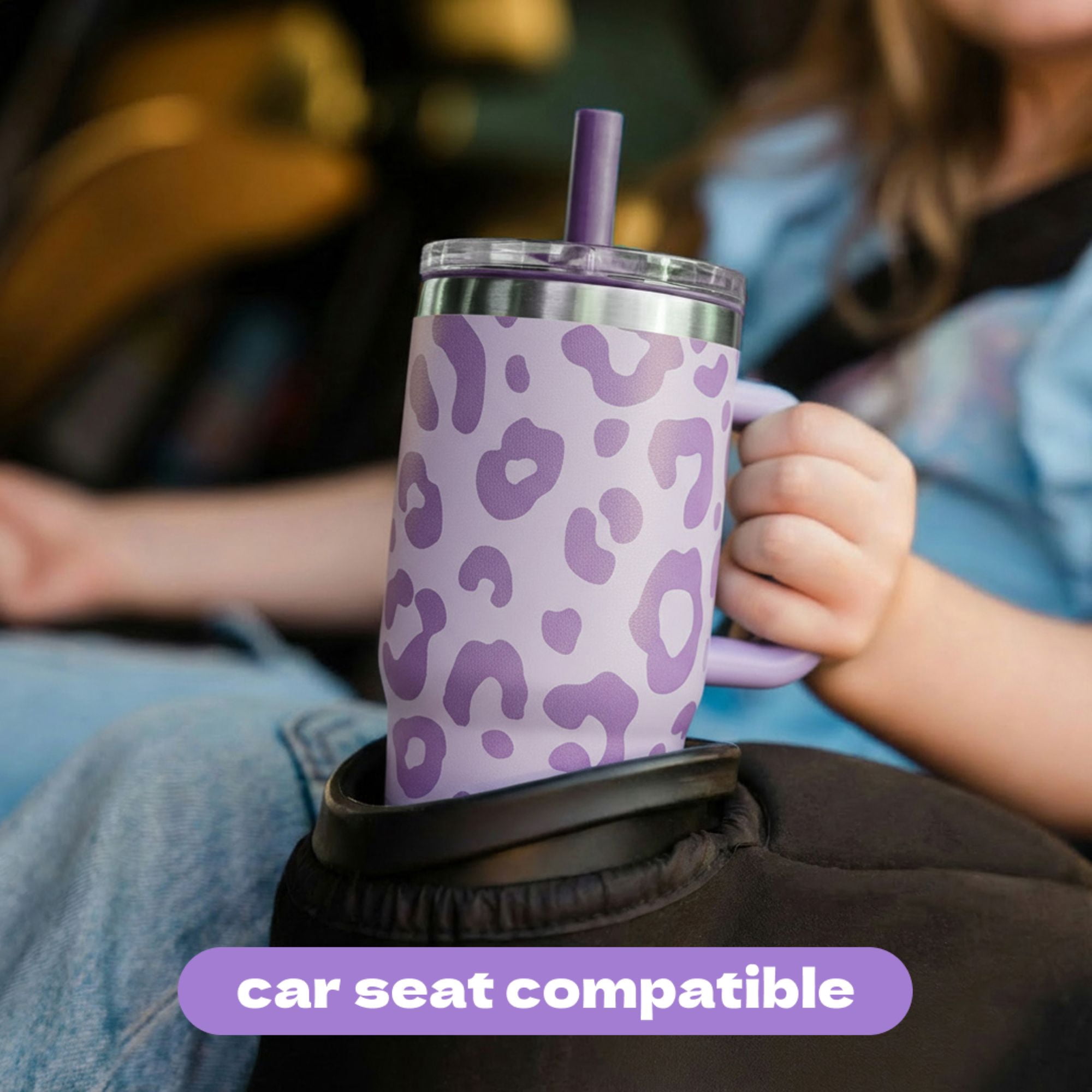 YAYA My First Travel Tumbler for Preschool & Kids 3+, Insulated Stainless Steel Tumbler with Reusable Silicone Straw & Spill-Proof Lid, Cup Holder Compatible, BPA-Free, 12oz, Purple Leopard