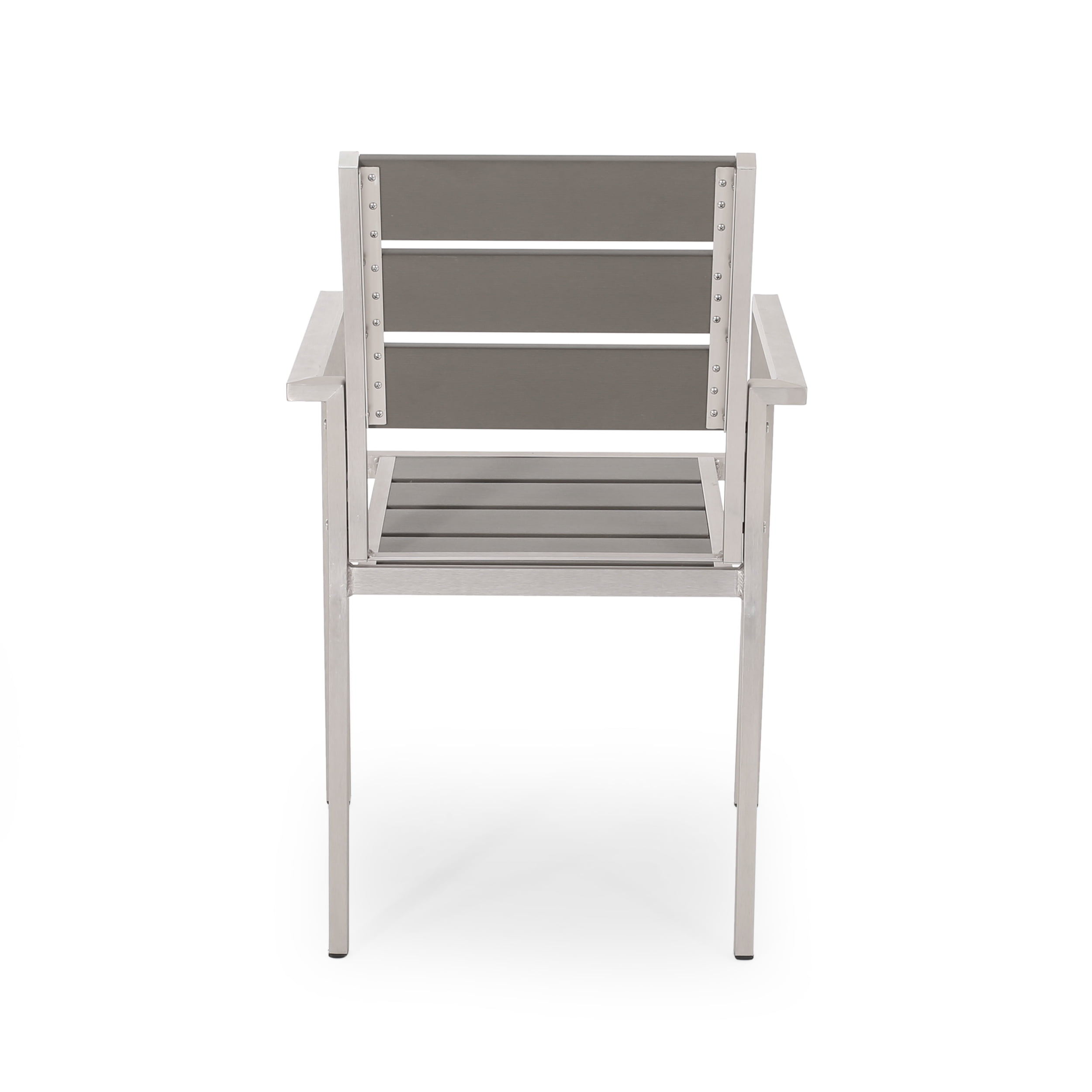 Gannon Outdoor Modern Aluminum Dining Chair with Faux Wood Seat, Set of 2, Gray and Silver