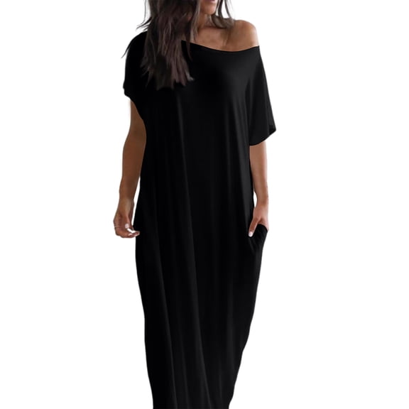 Delconic Women’s Loose Fit Maxi Dress Off Shoulder Short Sleeve Casual Long Dress Soft Lightweight Fabric for Everyday Wear Black L