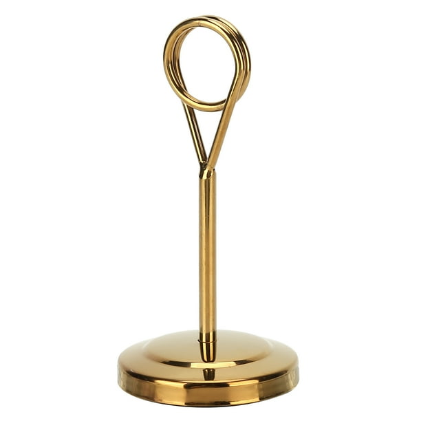 Soporte para números de mesa de acero inoxidable, duradero, resistente a la decoloración, ligero, clip para fotos para hotel, restaurante, 10,5 cm, dorado