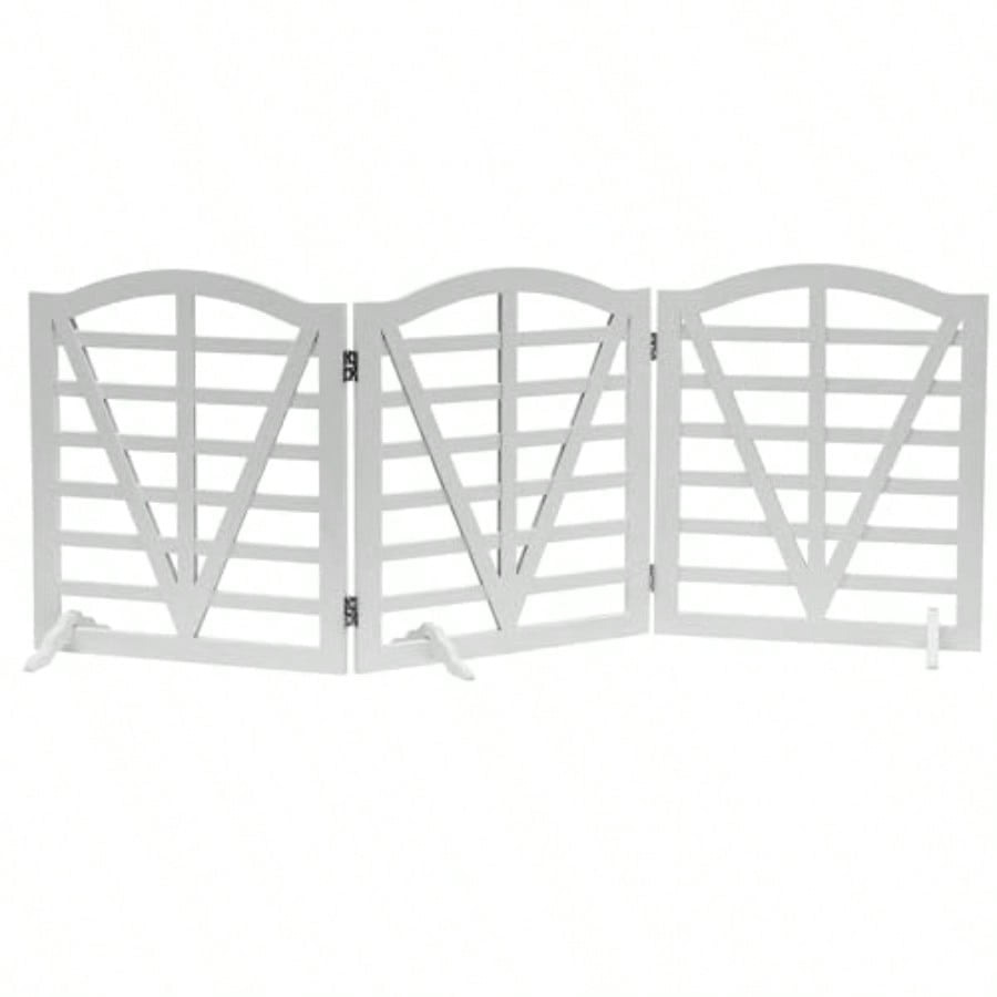 Wooden Dog Gate Freestanding Pet Gate Foldable Pet Gate for Dogs,Indoor Dog Fences with 3Foot Supportershite,3Pane 23.6" Height-White.