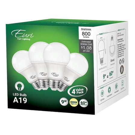Euri A19 Dimmable 800 Lumens LED Light Bulbs, 9 Watt, 3000 Kelvin/Soft ...