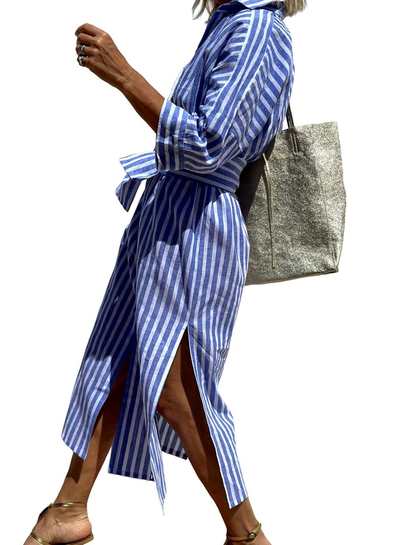 Women'S Shirt Dress Casual Lapel 3/4 Sleeve Button-Down Collar Slit Tie Resort Maxi Dress Blue M