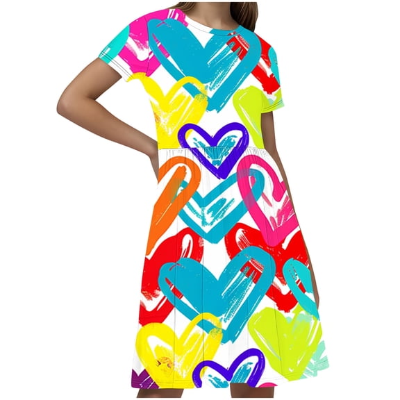 Hrsba Casual Dress for Girls,Toddler Kids Girls Print Short Sleeve Stretchy Dress A Line Dress,Kids Summer Dress,Multicolor ,120