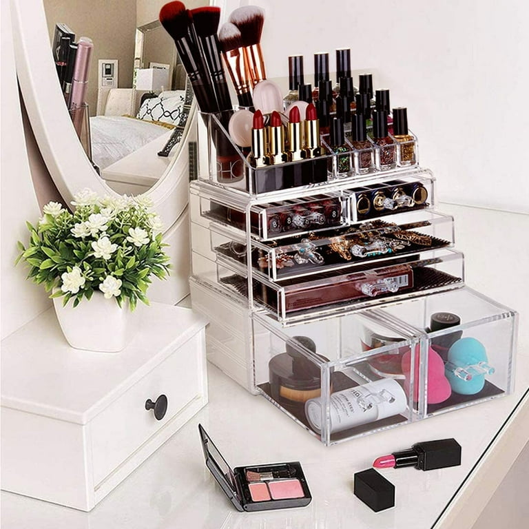 DreamGenius Makeup Organizer, 4 Pieces Acrylic Makeup Storage Box with 9  Drawers for Lipstick Jewelry and Makeup Brushes, Stackable Vanity Organizer