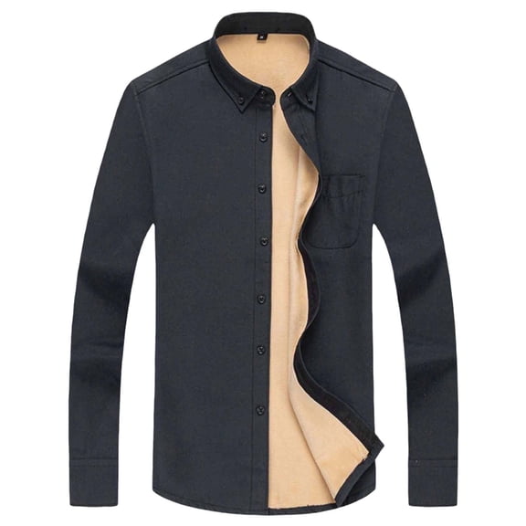 ZQUUVOU Men's Fleece Lined Shirts Long Sleeve Plush Collared Button Front Jacket with Pocket Warm Winter Tops Black