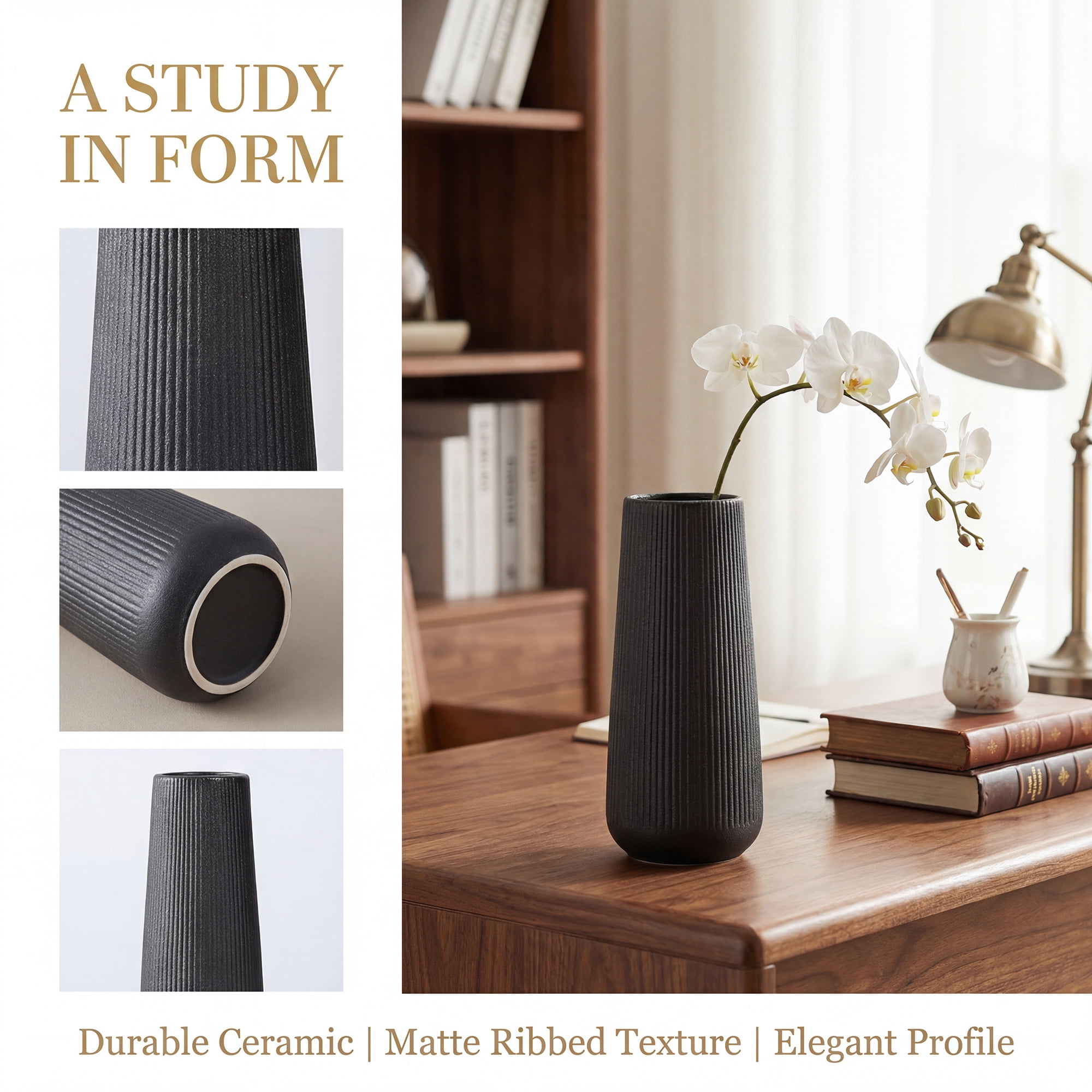 Unique Bargains Ribbed Ceramic Vase for Flowers Matte Black 3.5"L x 3.5"W x 7.9"H