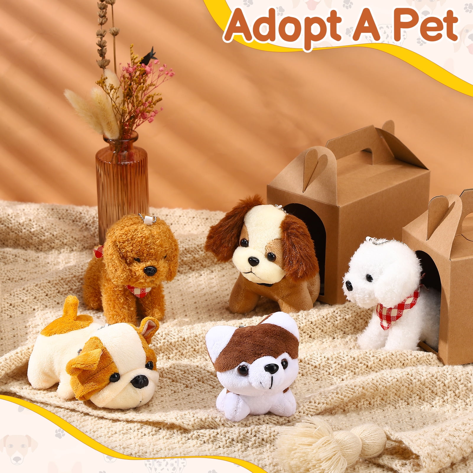 sixwipe Mini Stuffed Animals Bulk - 36 Pcs Adopt A Puppy Party Favors Kit with Small Plush Dogs, Hats, Boxes & Fence for Kids Party Supplies