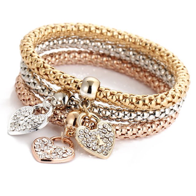 Set de pulseras de oro rosa de oro rosa 3 piezas para mujer joyería con pedrería