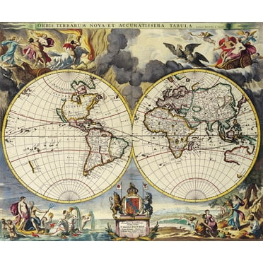 28"x24" Heavyweight Photo Paper Quality Poster: Vintage Map - Old Map 66 Antique Maps of the World Double Hemisphere M