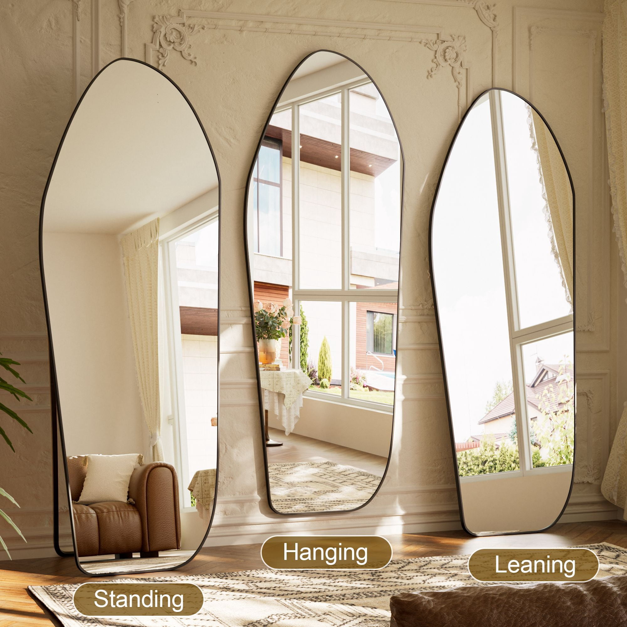 Easy4Home 69"x25" Irregular Full Length Mirror Decorative Standing Floor Mirror Wall Mounted, Black