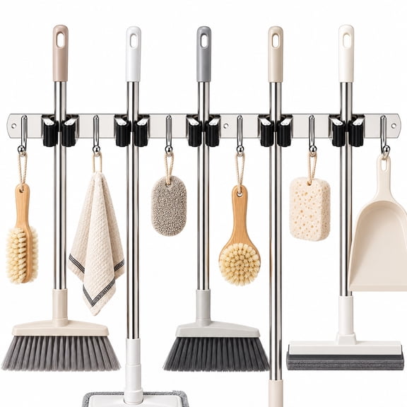 ESIYTGOP 5 Racks & 6 Hooks Broom Holder Wall Mount, Adhesive Mount Stainless Steel Mop and Broom Organizer, Heavy Duty Wall Storage Rack for Garage, Laundry Room and Cleaning Tool Organization