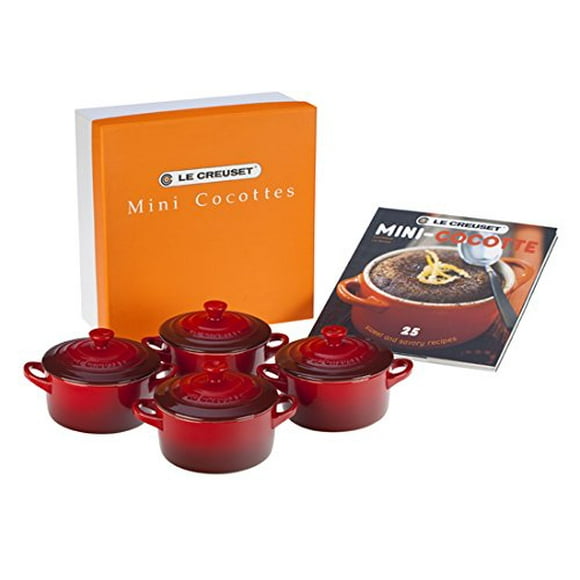 Le Creuset Ensemble en Grès de 4 Mini Cocottes avec Livre de Recettes, 8 oz Chacune, Cerise