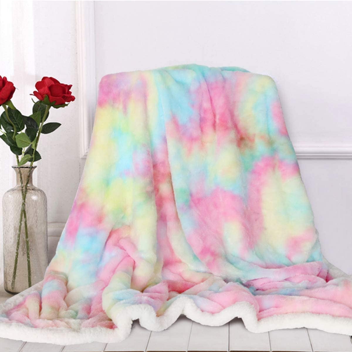 Cloud Dream Home Sherpa Fleece Throw Blanket Blossom Flowers Striped 60x80 inch Fluffy Plush Warm Blanket All Season Cozy Blanket for Baby Kids Adults Painting White Blue