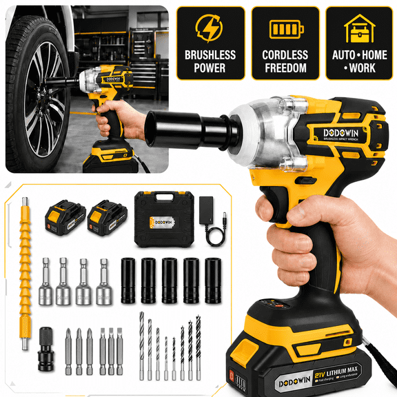Heavy Duty Cordless Impact Wrench Kit, 21V Battery Powered Electric Wrench With 2 Batteries, Socket Set, Drill Accessories, Gloves, Charger And Tool Box For Car Maintenance, Home Repair