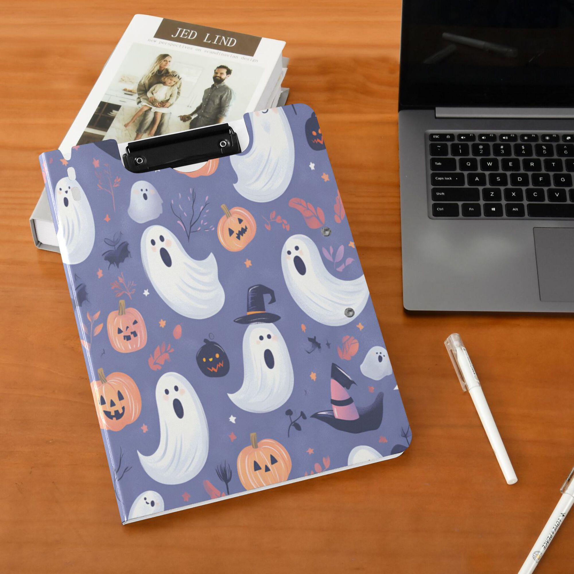 FORMRS A4 Clipboard Folder with Pen Holder Horizontal Foldable School Office Binder, Blue Cute Halloween